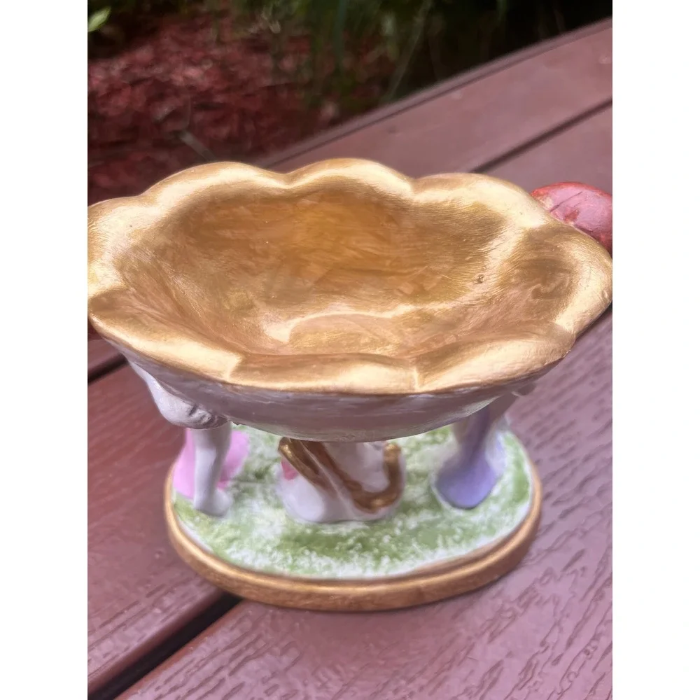 Vintage Style Hand Painted Ceramic Cherub Compote Trinket Bowl Gold Pink Roses